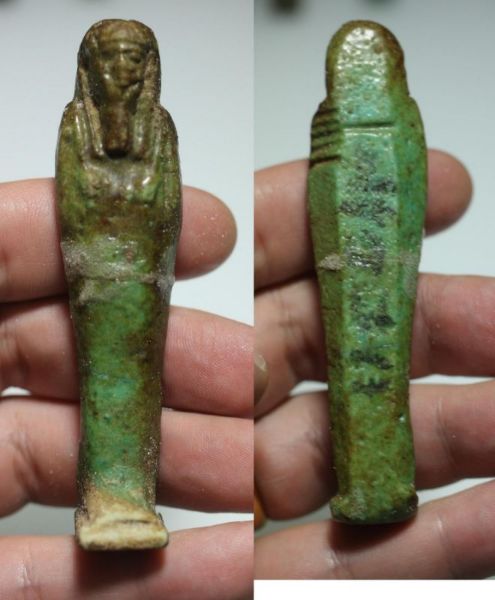 Picture of INSCRIBED WITH HIEROGLYPHS :  ANCIENT EGYPT. 26TH DYNASTY. FAIENCE USHABTI. 600 - 300 B.C