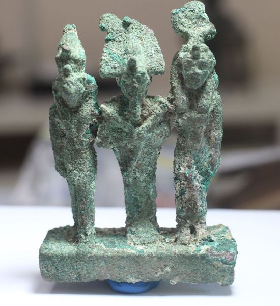 Picture of ANCIENT EGYPT.  TRIAD BRONZE STATUE. HORUS. ISIS. OSIRIS. 600 - 300 B.C