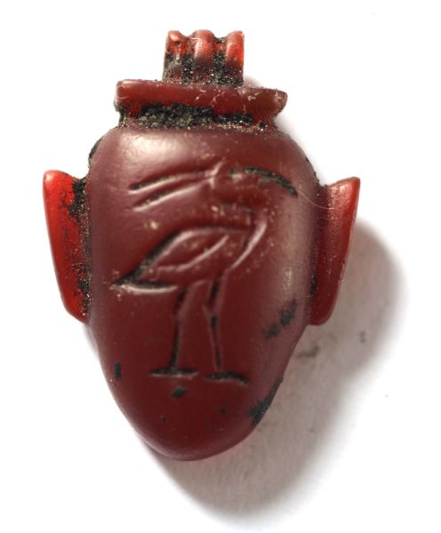 Picture of ANCIENT EGYPT.  EX. RARE CARNELIAN HEART AMULET ENGRAVED WITH AN IBIS. 1250 B.C