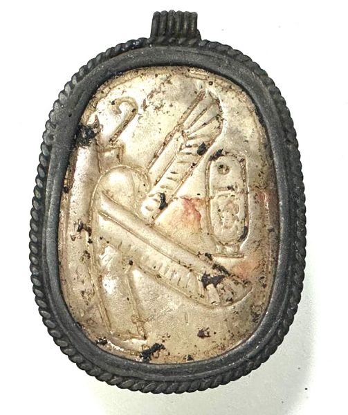 Picture of THUTMOSE III's  NAME:  ANCIENT EGYPT. STONE & SILVER SCARAB PENDANT. 1479–1425 B.C, 