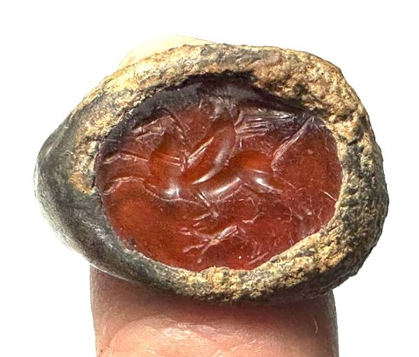 Picture of Graeco-Persian style intaglio set in. silver ring. Bellerophon riding Pegasos . 3RD - 1ST CENTURY B.C