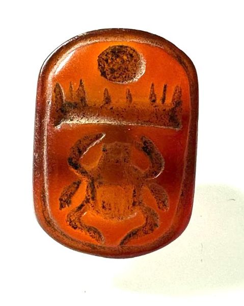 Picture of   ANCIENT EGYPT CARNELIAN SEAL AMULET WITH IT'S GOLD RING. 1250 B.C  THUTMOSES III'S NAME