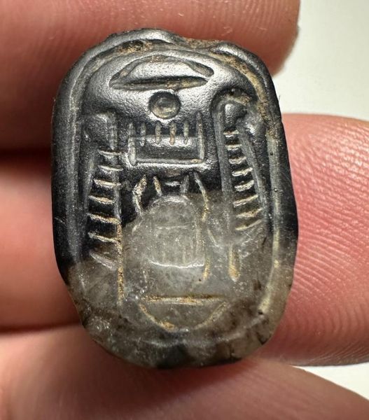 Picture of ANCIENT EGYPT, NEW KINGDOM BANDED AGATE STONE SCARAB.  1400 - 1200 B.C.  KING'S THUTMOSES III'S NAME