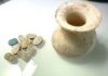 Picture of   Ancient Egypt. ALABASTER JAR WITH 9 SCARABS. FOUND TOGETHER. LEVANT. ALL STONE EXCEPT 1 EGYPTIAN BLUE . 1700 - 1500  B.C