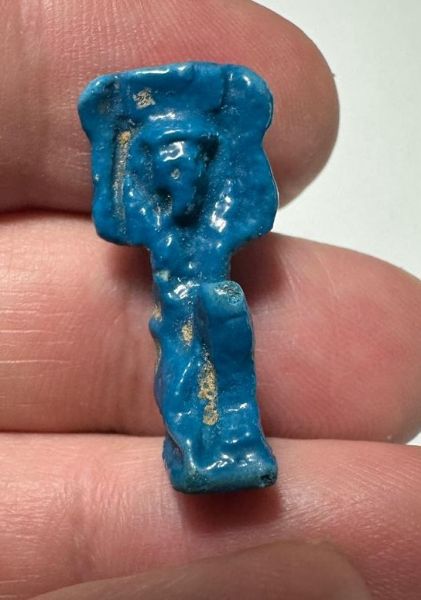 Picture of ANCIENT EGYPT.  BEAUTIFUL SHINY BLUE COLOR. GRECO - ROMAN - FAIENCE SHU AMULET . 300 B.C - 100 A.D
