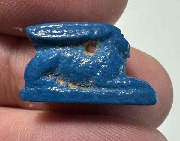 Picture of ANCIENT EGYPT.  BEAUTIFUL SHINY BLUE COLOR. GRECO - ROMAN - FAIENCE HARE AMULET . 300 B.C - 100 A.D