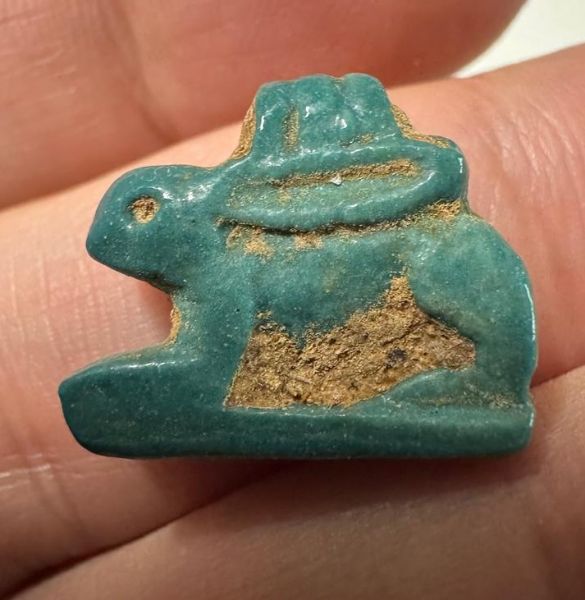 Picture of ANCIENT EGYPT.  BEAUTIFUL COLOR. GRECO - ROMAN - FAIENCE HARE AMULET . 300 B.C - 100 A.D
