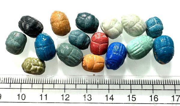 Picture of ANCIENT EGYPT.  BEAUTIFUL COLOR. GRECO - ROMAN - LOT OF 16 FAIENCE SCARABS . 300 B.C - 100 A.D