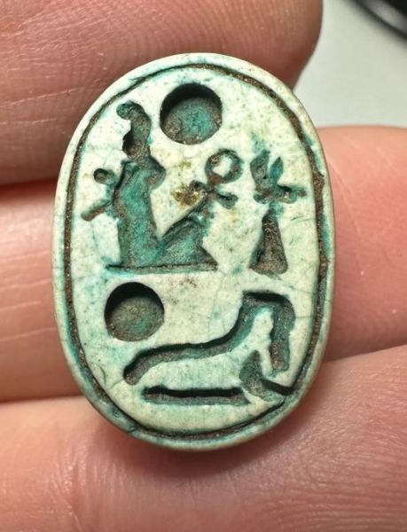 Picture of ANCIENT EGYPT.  NEW KINGDOM . GLAZED STONE SCARAB. RAMESSES II NAME . 1270 - 1213 B.C