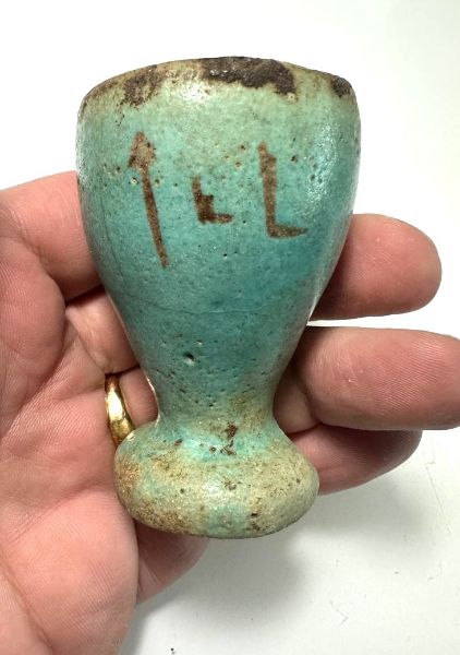 Picture of Ancient Egypt. FAIENCE COSMETIC CUP . BEAUTIFUL COLOR. INSCRIBED . 600 - 300 B.C - LATE PERIOD
