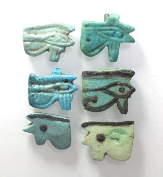 Picture of ANCIENT EGYPT - LOT OF 6 FAIENCE EYE OF HORUS AMULETS. 600 - 300 B.C