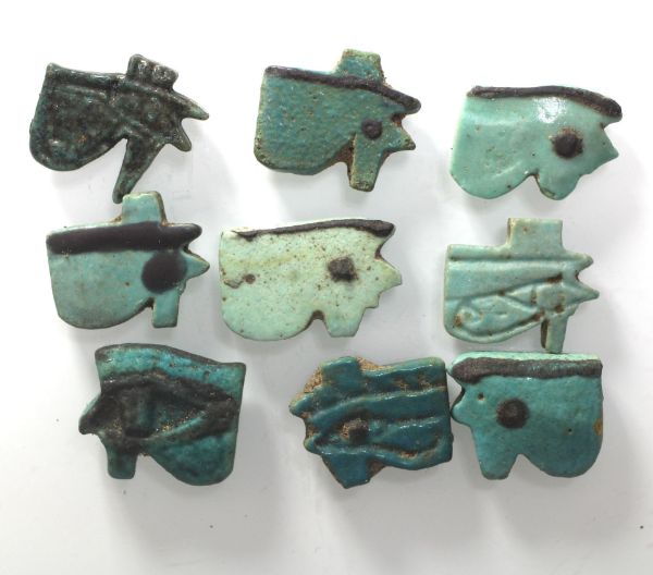 Picture of ANCIENT EGYPT - LOT OF 9 FAIENCE EYE OF HORUS AMULETS. 600 - 300 B.C