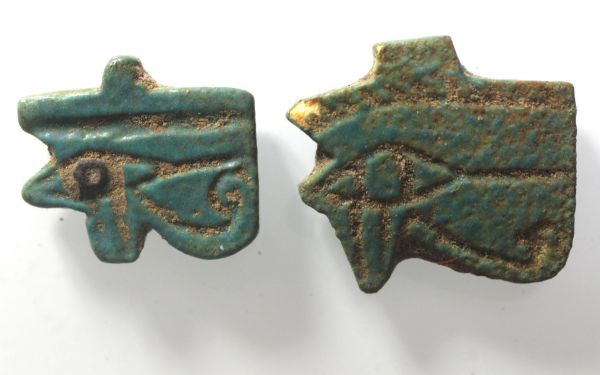 Picture of ANCIENT EGYPT - LOT OF 2 FAIENCE EYE OF HORUS AMULETS. 600 - 300 B.C