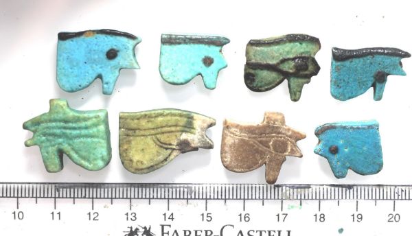 Picture of   Ancient Egypt. LOT OF 8 FAIENCE EYE OF HORUS  AMULETS. 600 - 300 B.C