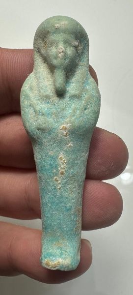 Picture of ANCIENT EGYPT. 26TH DYNASTY. FAIENCE USHABTI. 600 - 300 B.C  DEMOTIC INSCRIPTION ON BACK